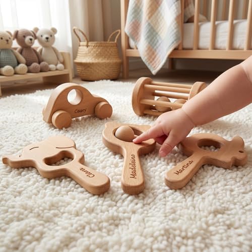 Personalized 5 Pieces Wooden Baby Toys 0-6 Months, Customized Teething Toys Baby Rattles 0-6 Months, Wood Teething Toys Gifts for Baby, Customizable Montessori Wooden Toys for Babies 5 Pieces - Image 6