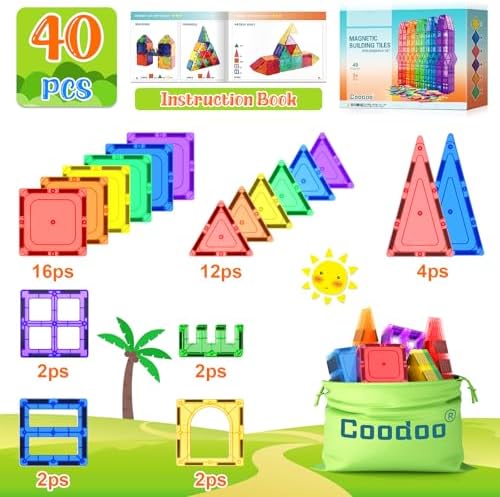 Coodoo Magnetic Tiles Kids Toys STEM Magnet Toy for Toddler Magnetic Blocks Building Preschool Learning Sensory Montessori Toys for 3+ Year Old Boys and Girls, Safe Creativity Toddler Kids Toy 40PCS - Image 6