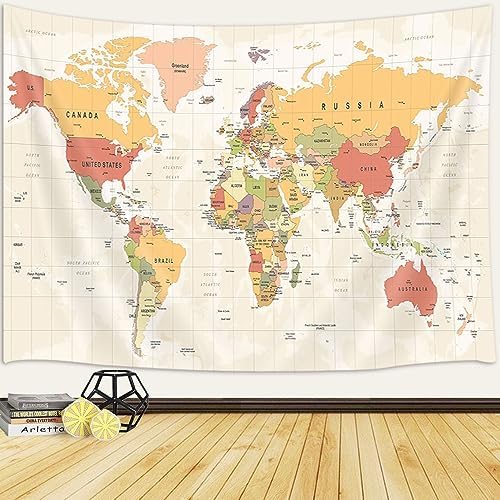 JAWO World Map Tapestry for Kids Student, with Countries and Major Cities Educational Vintage Asia Europe South City Topography America Africa Japan Wall Tapestries 80X60 Inch by JAWO