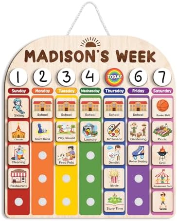 Personalized Wooden Weekly Planner for Kids, Weekly Routine Chart 15x16", Visual Schedule for Kids, Day of the Week Activities for Boys Girls by TinyKidz