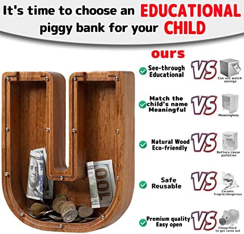 Piggy Bank for Kids Boys Girls, Wooden Large Letter Piggy Bank Alphabet Money Bank with Initial U, Coin Bank Fun Gifts for Birthday, Christmas, Festival, Baby Shower - Image 4