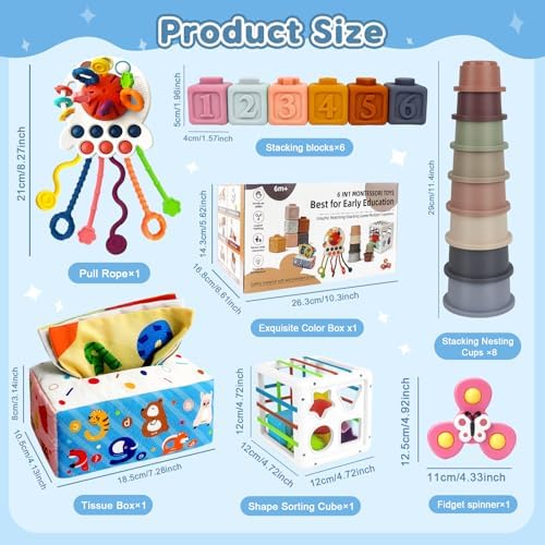 6 in 1 Montessori Baby Toys for 6-12 Months — Pull String Toy, Sensory Bin, Stacking Cups, Tissue Box, Suction Cup Spinner, Stacking Blocks, Infant Gift Set for 1-3 Year Old Boy Girls - Image 3