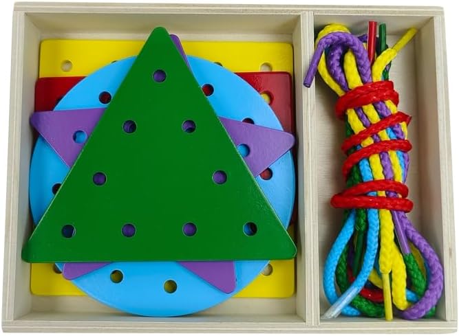 5 Pcs Double-Sided Shape Panels Wooden Threading Toy Lacing Cards for Toddlers, Lacing Shapes, Educational and Learning Montessori Activity for Kids (Triangle) by OLYDAUS
