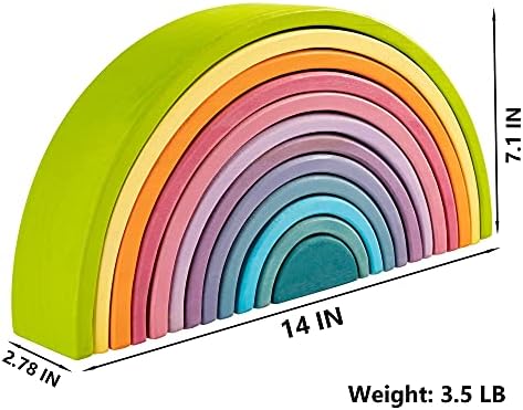 Wooden Rainbow Stacking Toy, 12 Piece Multicolor Wooden Arch Stacker, Extra Large Pastel Bow Shaped Stacking Toy, Nesting Puzzle Building Blocks Educational Toys for Kids Toddlers - Image 2