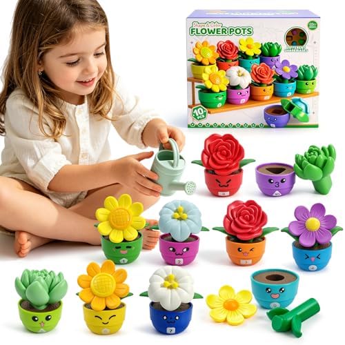 Montessori Flower Garden Building Toy for Girls & Boy, Toddler Gardening Set with 10 Shape & Number Flowers, Preschool Learning Matching & Stacking Game, Sensory Toys Gifts for 1 2 3 Year Old by Ninigai