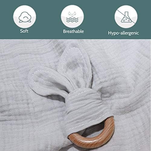 Baby Lovey, Wood Rattle, Teether Ring, 3 Pack Montessori Gift, Gray, Cotton, Double Gauze, Baby Shower, Gender Neutral Gift - Image 3