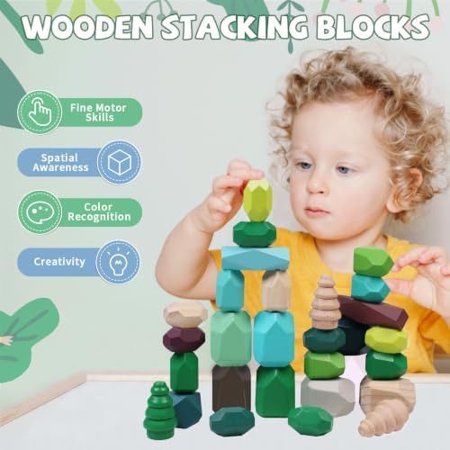 YHHYTOY 40Pcs Montessori Wooden Stacking Rocks Building Blocks Forest Theme - Image 2