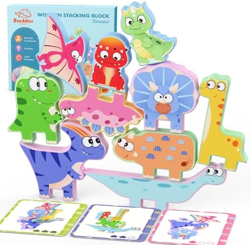 Zeoddler Montessori Toys for Toddlers, 10 Pack Wooden Dinosaur Stacking Blocks, Sorting & Stacking Preschool Learning Activities, Gift for Boys, Girls by Zeoddler