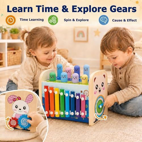 4-in-1 Wooden Hammering Toy with Xylophone, Clock and Gears, Ages 3+ - Image 4