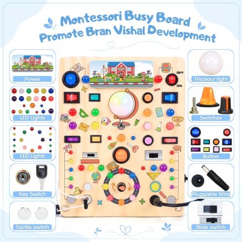 Busy Board with 19 LED Light Switches, Montessori Toys for 1 2 3 Years Old, Wooden Sensory Board, Toddlers Activity Travel Toys for 1 2 3 Year Old Boy & Girl Birthday Gift (Big School) - Image 4