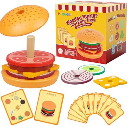 Wooden Burger Stacking Toys Montessori Toys For Toddlers Preschool Education Activity Board Game Early-Education Matching Speed Race Pretend Toy Food Back To School (Burger) by PajojoqaToyPlay