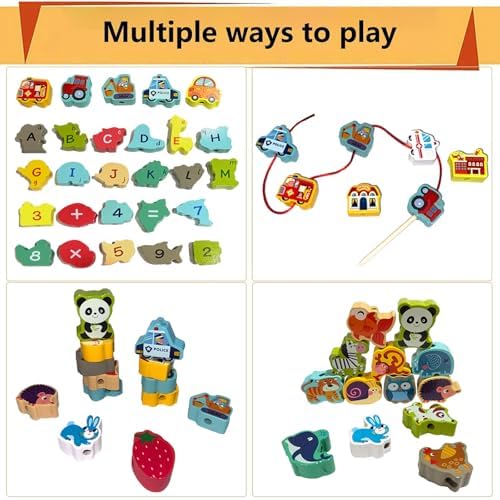 Montessori Wooden Lacing Beads for Kids,42 Pcs Preschool Activities String Car Animals Vegetables Beads Toys,Educational Threading Learning Beads Toys for Toddler 3 4 5 6 Year Old Boys Girls - Image 2