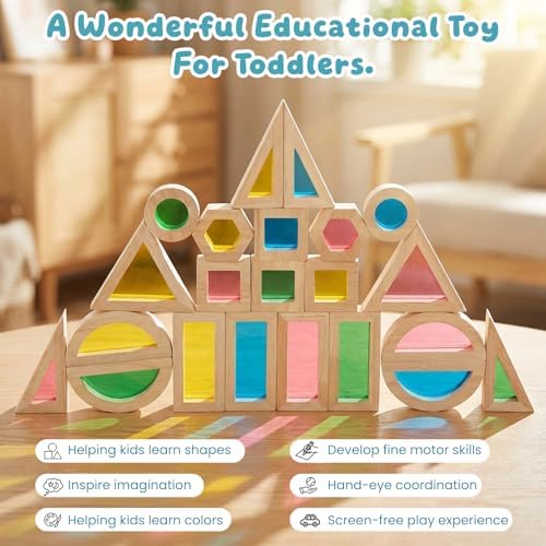 WOODENFUN Wooden Building Blocks Set for Kids, 22 Pcs Rainbow Stacker Game - Image 3