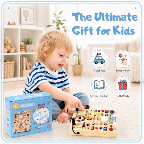 Busy Board with LED Light Switches, Montessori Toys for 1 2 3 Years Old, Toddlers Wooden Toy Sensory Activity Board, Travel Toys for 1+ Year Old Boy & Girl Birthday Gift (School 19 Switches) - Image 6