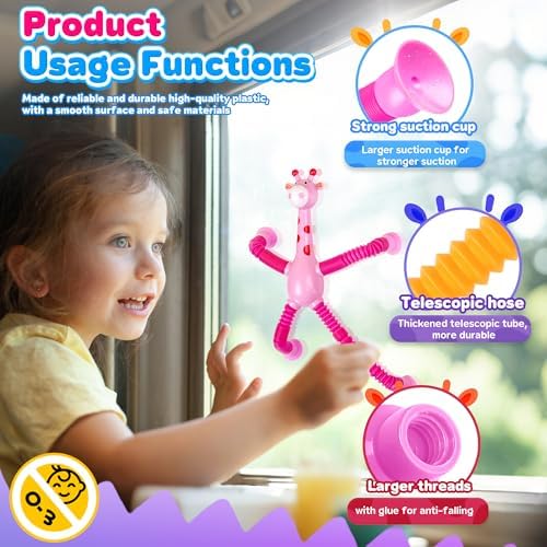 Giraffe Sensory Travel Toys 4Pcs for Road Trip Car Ride Airplane Toddler Girl Year Old Ages 3 4 5 6 7 8, Suction Autism Pop Tube Fidget Toy Autistic Valentines Day Stocking Easter Basket Stuffer Gift - Image 4