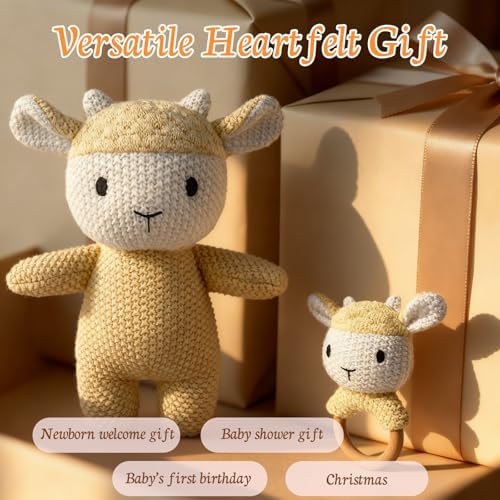 10" Crochet Sheep Stuffed Animal with Rattle, Pure Cotton Soft Crochet Doll Plush Toy for Newborn, Handmade First Birthday Gift - Image 5