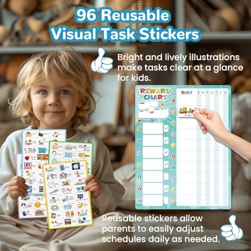 JJPRO Magnetic Reward Chart for Kids with Reward Jar- Behavior Reward Chart System, Toddlers Daily Routine,Visual Schedule Board,96 Reusable Stickers& 45 Star Tokens to Motivate Responsibility-Blue - Image 3