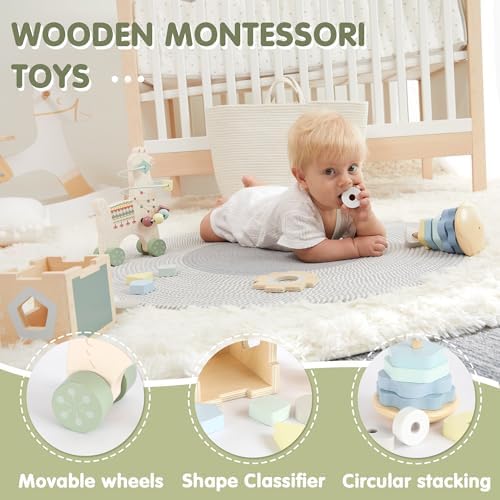FReniland Montessori Toys for 1 Year Old，3-in-1 Wooden Baby Toys，Wooden Stacking Toy，Toddler Shape Sorting Cube, Llama Ring Toy,Newborn Baby Gift Sets for Boys and Girls - Image 2