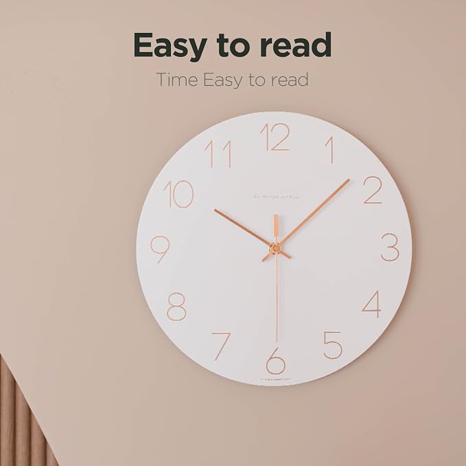 mooas Flatwood Wall Clock (Rose Gold),12" Non-Ticking Sweep Movement - Image 6