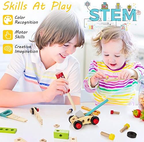 WOODMAM Wooden Kids Tool Set, 37Pcs Learning Construction Toy with Tool Box, Montessori Educational Building Toys Gift for 3+ Years Old Boys Girls - Image 6