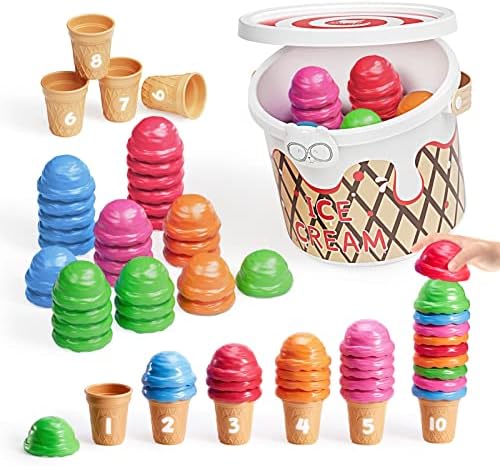 JoyCat Ice Cream Preschool Learning Activities Counting and Color Sorting Set Stacking Toys for Kids 3-5, Educational Fine Motor Skills Toys, 65PCS Math Manipulatives by JOYCAT