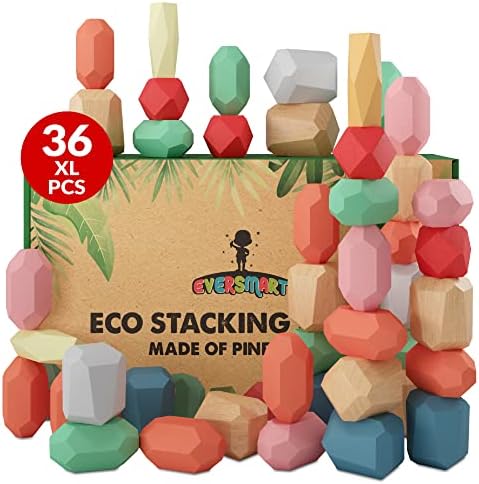 36 Pcs Wooden Stacking Blocks – Montessori Toys for 1 2 3 4 5 6 Year Old Toddlers and Kids, XL Rocks, No Choking Hazard – Sensory STEM Building Stones, for Girls and Boys by EVERSMART