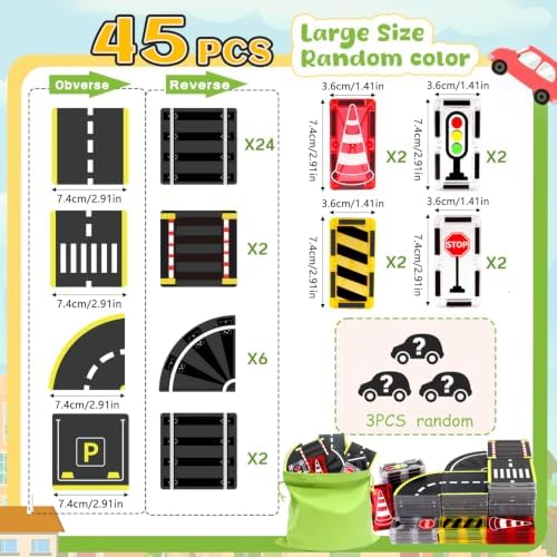 Magnetic Tiles Road Set, 45Pcs Large Double Sided Magnetic Blocks with Pullback Cars & Traffic Signs, STEM Toys for Kids Ages 4-8, Creative Gifts for 3+ Years Old Boys Girls - Image 6