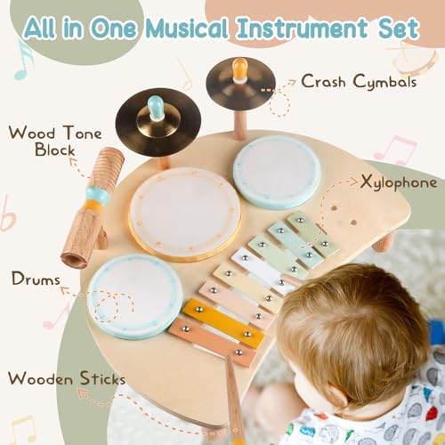 Kids Drum Set, Montessori Toys Wooden Musical Instruments for Baby Toddlers - Image 4