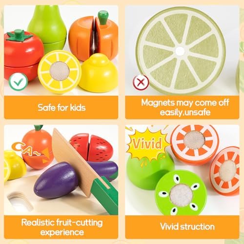 Wooden Play Food for Toddlers, Fruit & Veggies Cutting Set for Play Kitchen - Image 4