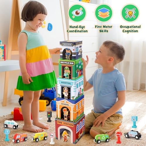 Baby Stacking Toys for Toddlers, Magnetic Wooden Cars & Garage Sorting Community Helpers Preschool Educational Learning Montessori Toys Birthday Gifts for Kids Number Blocks Nesting Boxes - Image 4