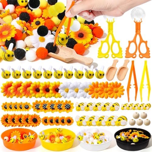 172 Pcs Sunflower Sensory Bin Filler Spring Summer Bee Honeycomb Counting Sorting Sensory Bin Items Fine Motor Sunflower Counts for Easter Day Spring Summer Sorting Counting Decor by Unknown