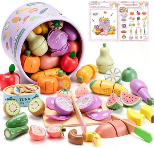 WHOHOLL 42 Pcs Play Food Set for Play Kitchen Accessories, Wooden Toys Pretend Cutting Food, Montessori Fruit and Veggies Christmas Birthday Gifts for Boys Girls 3-6 by WHOHOLL