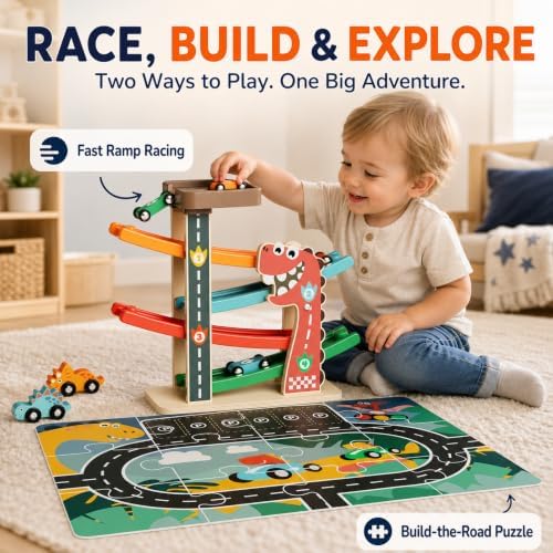Wooden Dinosaur Car Ramp Toy with Road Puzzle and 6 Cars, Ages 18M+ - Image 6