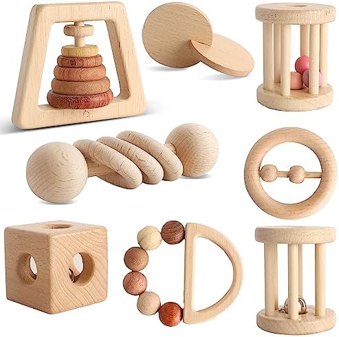 Wooden Baby Toy 8pcs, Montessori Toys for Babies 1-3 Years Old, Wooden Rattles Toy Set for Infant Grasping, Sensory Development, Gift for Baby Boys Girls (Natural Wood) by MLYEY