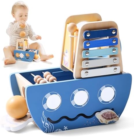 5-in-1 Baby Wooden Activity Cube, Sea Ocean Montessori Toddler Toys for 1+ Year Old Boys Girls Gifts, Educational Learning Boat Toys for 1st Birthday Gifts for Kids by PromiseBabe