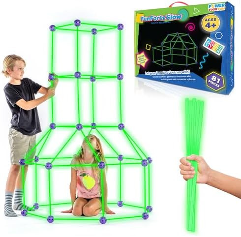 Fun Forts Glow Fort Building Kit for Kids - 81 Pack Glow in The Dark STEM Building Toys Indoor Outdoor Play Tent for Kids Construction Toys with 53 Rods and 28 Spheres by PowerYourFun
