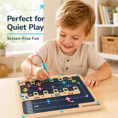 Magnetic Number Maze Toy for Toddlers Ages 3-5, Wooden Airport Parking Puzzle with Magnetic Pen, Montessori Counting & Number Matching Learning Toy, Fine Motor Skills Activity for Boys Girls 3 4 5 - Image 6