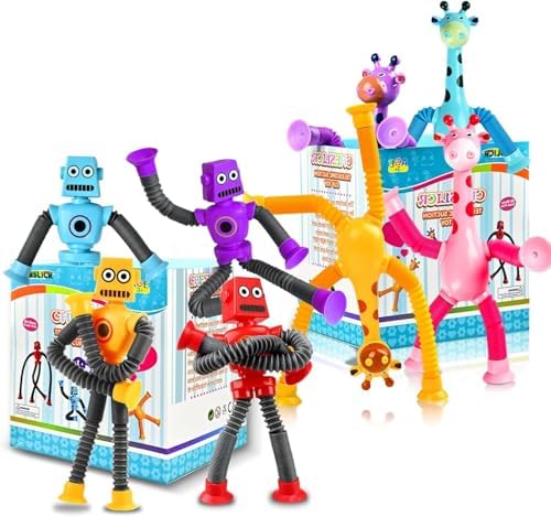 8pc Robot Giraffe Sensory Travel Toys for Toddlers Boy Ages 3 4 5 6 7 8, Airplane Activities Suction Autism Pop Tube Fidget Autistic Stocking Easter Basket Stuffer Valentine Gift for Kids by CHESLICR