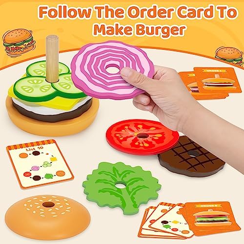 Jumlys Montessori Wooden Burger Stacking Toys for 2, 3, 4, 5 Year Olds, Fine Motor Toys for Kids Boys Girls, Ideal Preschool Educational and Learning Toys, Perfect Christmas Birthday Gifts - Image 3