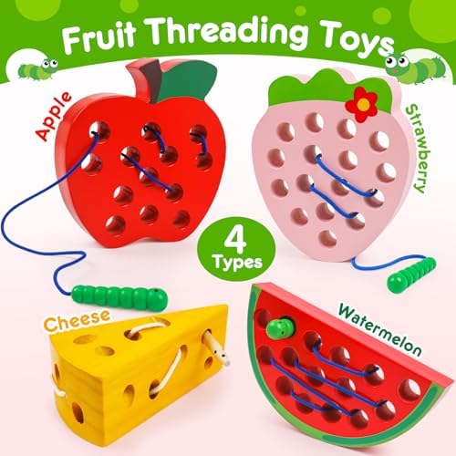 Wooden Toys Lacing Toys for Kids 3-5,Plane Activities Car Travel Toy Montessori Educational Learning Threading Toys for Fine Motor Easter Basket Stuffers Gift for Boys Girls(4 pcs) - Image 2