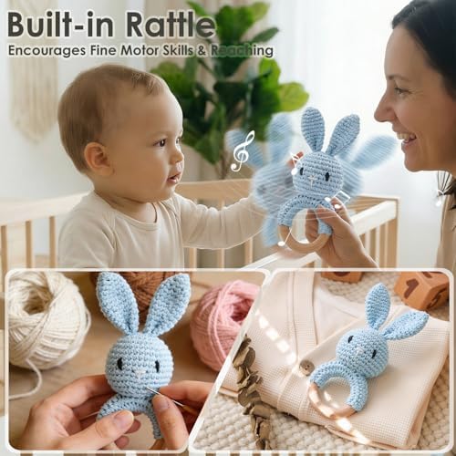 Baby Crochet Rattle Toy - Hand-Knitted Animal Bunny Teether with Soft Bell, Montessori Sensory Toy for Infants 0-36 Months, Natural Wood Teething Ring, Ideal Newborn Keepsake Gift - Image 4