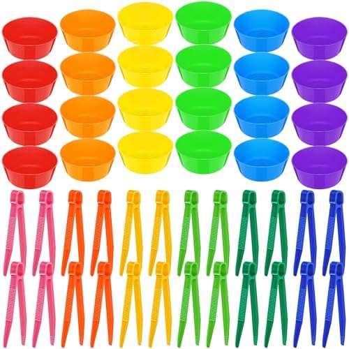 VioraWhite 48 Pcs Sorting Bowls with Tweezers, 6 Color Counting Toy Develops Fine Motor Skills, STEM Early Math Activity Set for Preschool Kids, Ideal for Back to School Learning by VioraWhite