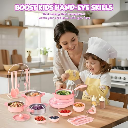 Gotoofun Kids Cooking Set Real for Mini Kitchen, Safe Kids Knife Set & Stove Burner, Montessori Cooking Toys for Boys Girls Ages 8-12, Beginner Friendly Food Making Kit (Pink) - Image 6