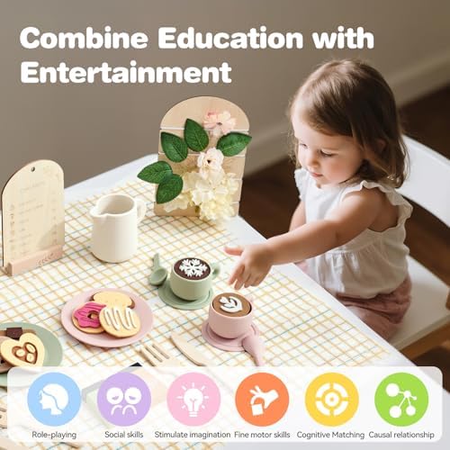 Youuys Tea Party Set for Toddlers 3-5, Wooden & Silicone Pretend Play Tea Set with Desserts, Table Decor Board & Basket, Garden Tea Party Toy for Girls Boys, Birthday Gift for Kids Ages 3+ - Image 2