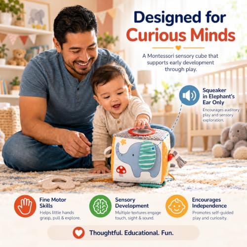 Baby Activity Cube Toy 8-in-1 for Babies 6-12 Months | Montessori Sensory Cube with Mirror, Teether, Crinkle Textures & Fine Motor Activities | Soft Busy Cube Toy for Toddler - Image 3