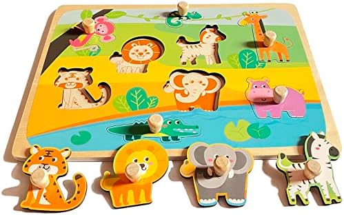 Wooden Peg Puzzles for Toddlers 1-3 - Montessori Educational Learning Puzzle Toys for Baby Gifts by Funsland