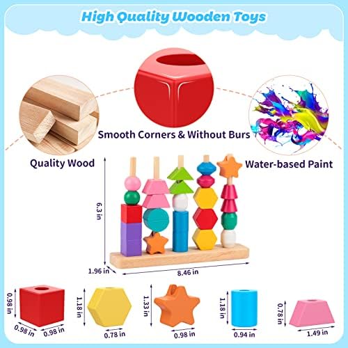 Montessori Wooden Beads Sequencing Toy Set, Stacking Blocks & Lacing Beads & Matching Shape Stacker, Montessori Toys for 3 4 5 Year Old STEM Preschool Learning Toys Gifts for Kids Boy Girl Toddler - Image 6