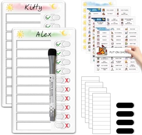 Upgraded Slider Dry Erase Chore Chart for Kids, Whiteboard Magnetic Chore Chart for 2 Kids, Reusable Morning/Bedtime Routine Chart for Kid Toddlers Teens Adult, Visual Schedule for Kid with Autism by BOXVERIA