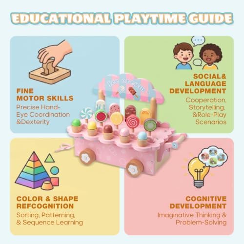 BROWNROOT Wooden Ice Cream Cart, Pull Along Pretend Play Toy for Kids - Image 5
