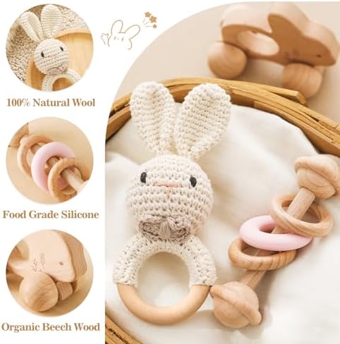 let's make Wooden Baby Rattle 3 PCS Push Car Rattle Set Crochet Rattle Ring Wooden Montessori Toy for Newborn Infant Baby Gifts (Rabbit Rattle) - Image 2
